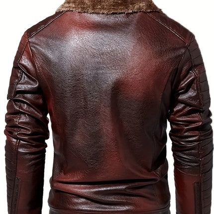 Men's Casual Faux Leather Jacket, Autumn/Winter, Regular Fit Solid Color Full Zip Coat With Pocket Detail HEBDO