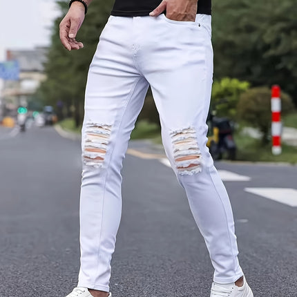 Stylish Men's Ripped Distressed Jeans - Chic Street Style Slim Fit Bottoms with Solid Cotton Blend Fabric, Comfortable Wear for All Seasons, Versatile and Fashionable HEBDO STORE