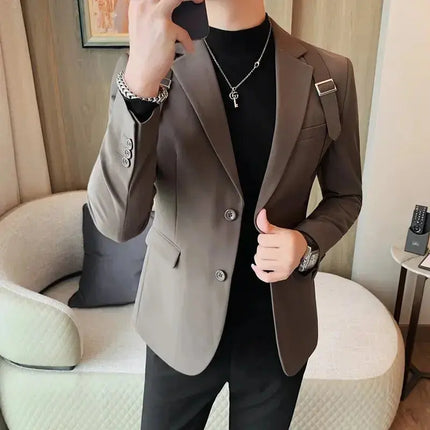 British Shoulder Strap Design Tuxedo Blazer Jackets For Men Clothing Business Formal Wear Two Buttons Slim Fit Casual Suit Coats - Premium  from FRANTZDOL STORE  - Just $74.57! Shop now at FRANTZDOL STORE 