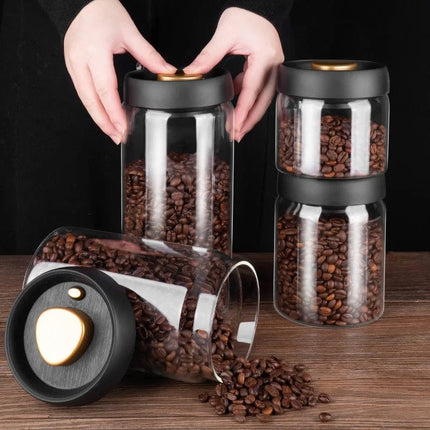 Vacuum Sealed Jug Set Black Coffee Beans Glass Airtight Canister Kitchen Food Grains Candy Keep Good Storage Jar Set Kitchen Gadgets HEBDO STORE