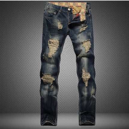 Ripped Trendy Men's Jeans Straight Leg Slim Fit Personality HEBDO STORE