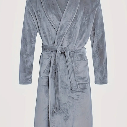 Luxurious Plush Fleece Bathrobe - Thick, Warm Long Sleeve Loungewear with V-Neck and Tie Belt - Solid Color, Machine Washable for Cozy Autumn/Winter Comfort HEBDO