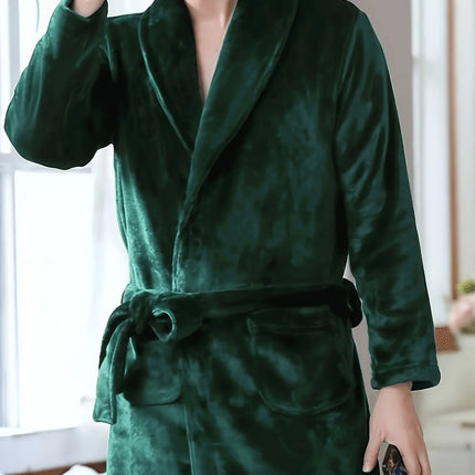 Luxurious Plush Fleece Bathrobe - Thick, Warm Long Sleeve Loungewear with V-Neck and Tie Belt - Solid Color, Machine Washable for Cozy Autumn/Winter Comfort HEBDO