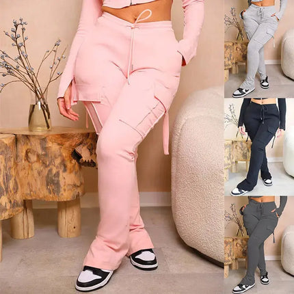 Cargo Pants With Pockets High Waist Drawstring Wide Leg Straight Trousers For Women Overalls - Image #1