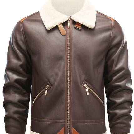 Men's Casual PU Leather Shearling Jacket With Turn-Down Collar, Long Sleeves, Zipper Pockets, Ideal For Fall, Spring, And Winter HEBDO STORE