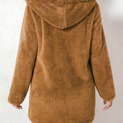 Elegant Polyester Fleece Hooded Coat for Women - Solid Color, Knit Fabric, Autumn/Winter Warmth HEBDO