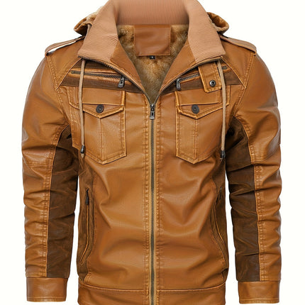 Men's Fleece-Lined Hooded PU Leather Jacket, For Motorcycle Winter Classic Style, Warm Outerwear HEBDO STORE