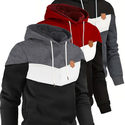 Men's 3pcs Color Block Hoodie Set - Casual & Sporty, Fleece-Lined Pullover with Kangaroo Pocket, Long Sleeve, Drawstring Hooded Sweatshirt, and Joggers - Polyester Blend, Machine Washable - Perfect for Fall/Winter HEBDO STORE