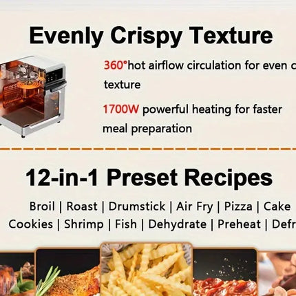 1pc MOREBEAUTY 12.5QT Electric Countertop Oven with Digital Touch Screen, Stainless Steel Rotisserie & Baking, 1700W, 110-130V, US Plug, Includes Crisper Tray, Drip Tray, Wire Rack, Fetch Tool, Skewer Racks, Rotisserie Shaft HEBDO