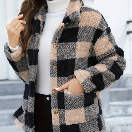 Plaid Print Patched Pockets Teddy Coat, Versatile Long Sleeve Single Breasted Winter Outwear, Women's Clothing HEBDO