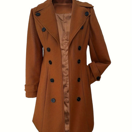 Elegant Polyester Trench Coat for Women - Solid Color, Double-Breasted, Woven, with Faux Buttons, Autumn/Winter Collection HEBDO