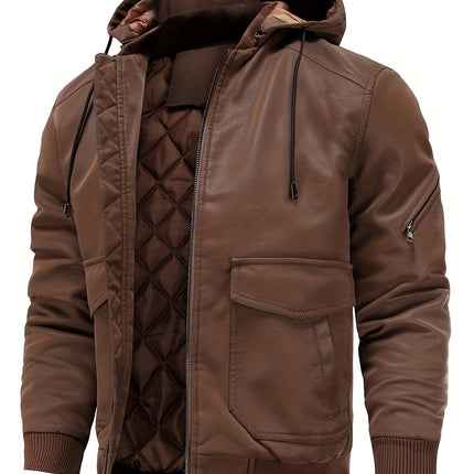 Mens Premium Pu Leather Hooded Bomber Jacket - Windproof, Waterproof, Ultra-Warm - Perfect for Autumn & Winter HEBDO STORE