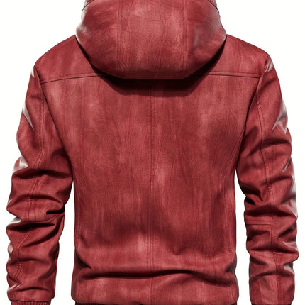 Thick Windproof Waterproof Men's Solid Color PU Leather Hooded Jacket for Spring Autumn HEBDO