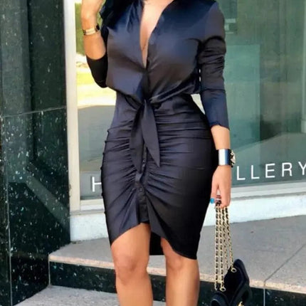 Women Lace-up Solid Color Long Sleeve Midi Dress Shirt Dress Elegant Fashion Party Dress - Image #4