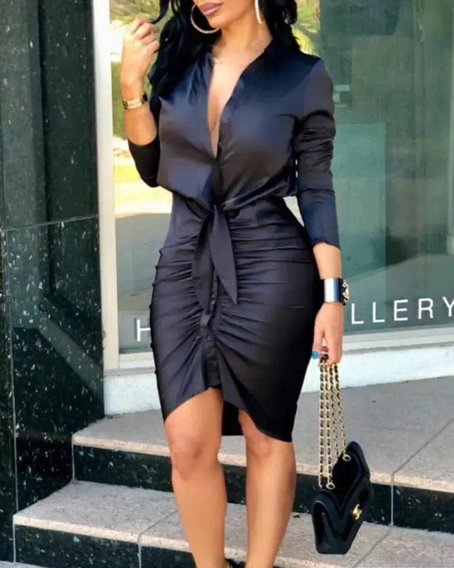 Women Lace-up Solid Color Long Sleeve Midi Dress Shirt Dress Elegant Fashion Party Dress - Image #4