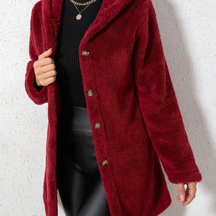 Elegant Polyester Fleece Hooded Coat for Women - Solid Color, Knit Fabric, Autumn/Winter Warmth HEBDO