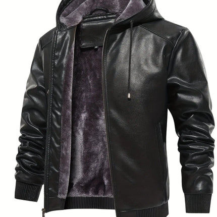 Thick Windproof Waterproof Men's Solid Color PU Leather Hooded Jacket for Spring Autumn HEBDO