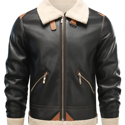 Men's Casual PU Leather Shearling Jacket With Turn-Down Collar, Long Sleeves, Zipper Pockets, Ideal For Fall, Spring, And Winter HEBDO STORE