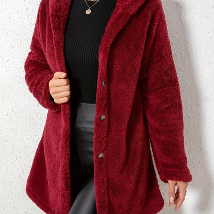 Elegant Polyester Fleece Hooded Coat for Women - Solid Color, Knit Fabric, Autumn/Winter Warmth HEBDO