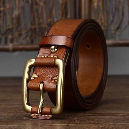 Men's Simple Fashion First Layer Cowhide Retro Brass Buckle Belt HEBDO STORE