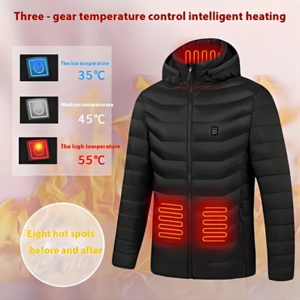 Men's Solid Color Heating with 9 Heating Areas, Long Sleeve Zipper Hooded Jacket, Suitable for Winter Outdoor Activities, Does Not Include Power Bank HEBDO STORE