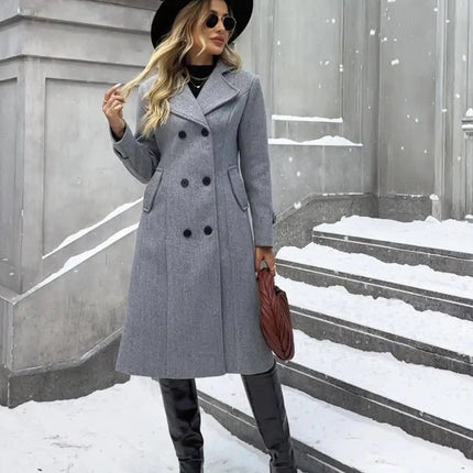 Elegant Double-Breasted Overcoat - Luxurious Long Sleeve, Mid-Length, Lapel Collar Design, Warm and Cozy Outerwear for Fall and Winter Seasons, Chic Women's Clothing for Cold Weather HEBDO