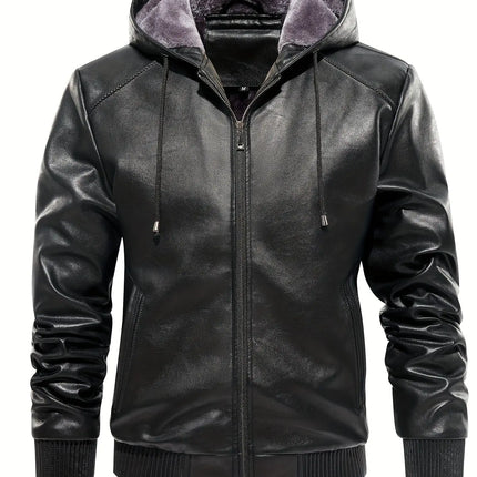 Thick Windproof Waterproof Men's Solid Color PU Leather Hooded Jacket for Spring Autumn HEBDO