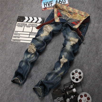 Ripped Trendy Men's Jeans Straight Leg Slim Fit Personality HEBDO STORE