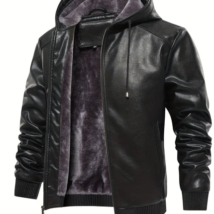 Thick Windproof Waterproof Men's Solid Color PU Leather Hooded Jacket for Spring Autumn HEBDO