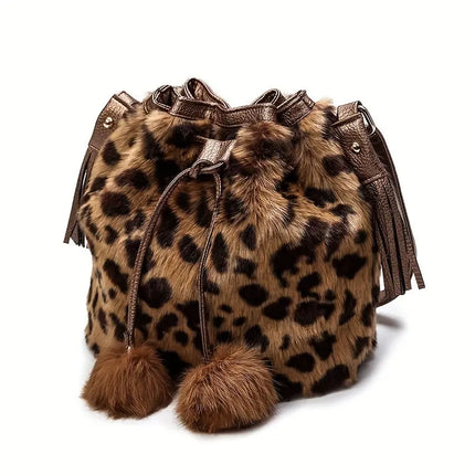 Trendy Plush Leopard Pattern Bucket Bag, Luxury Drawstring Crossbody Shoulder Purse For Women HEBDO