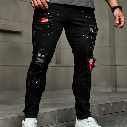 Men's Casual Slim Fit Jeans, Distressed Ripped Style With Patches Design, Street Style Pants HEBDO STORE