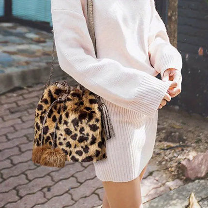 Trendy Plush Leopard Pattern Bucket Bag, Luxury Drawstring Crossbody Shoulder Purse For Women HEBDO