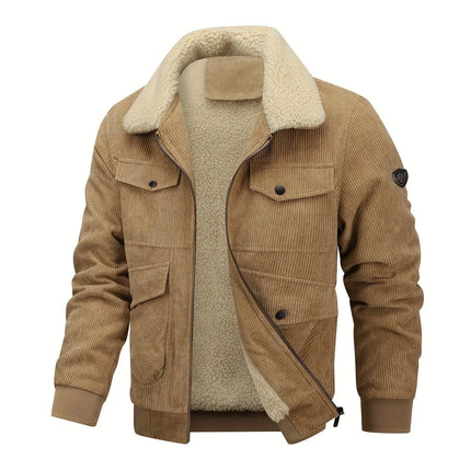 1pc Men'S Winter Casual Corduroy Jacket with Lapel Collar, Solid Color Warm Sherpa Lined Coat, Polyester 100%, Slight Stretch, Woven Fabric, Regular Fit with Pockets HEBDO