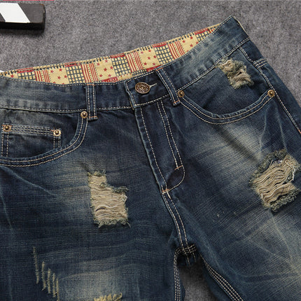 Ripped Trendy Men's Jeans Straight Leg Slim Fit Personality HEBDO STORE